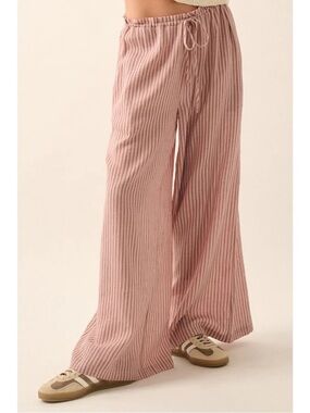 Pink Striped Wide-Leg Drawstring Lounge Pants